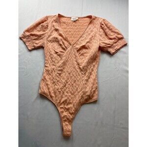 Heyson‎ Puff Sleeve Bodysuit Womens Medium Orange Textured Short Sleeve V-Neck